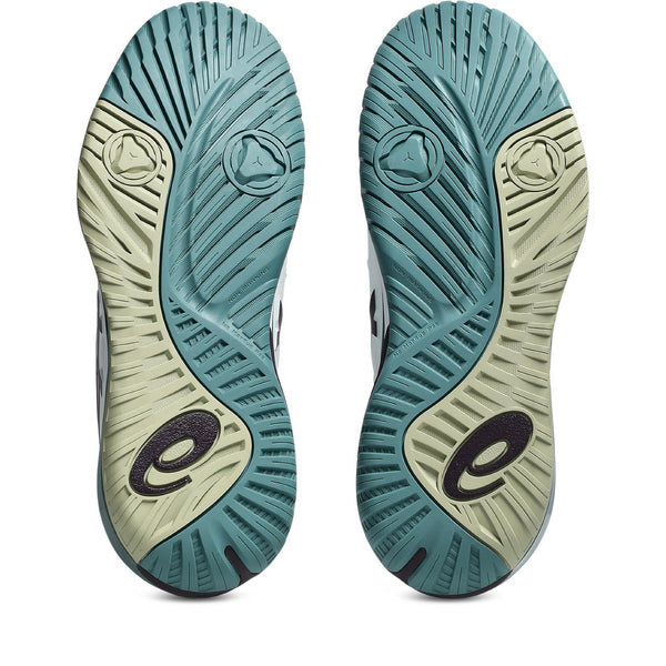 The outsole of this tennis shoe has lots of rubber that is good for playing tennis.