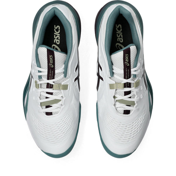 A pair of ASICS tennis shoes shown from a top-down view, featuring a white mesh upper with teal accents, white laces, and a dark teal outsole.