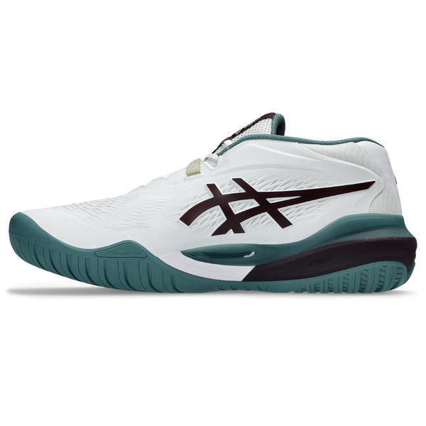 Medial side of a men's ASICS tennis shoe that comes up right to the inside ankle bone.