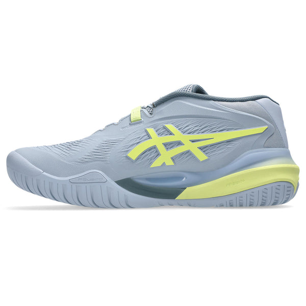The medial side of a greay ASICS men's tennis shoe.