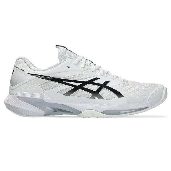 White athletic shoe with black logo on a white background