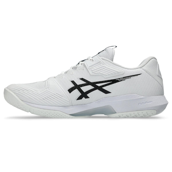 White athletic shoe with black logo on a white background