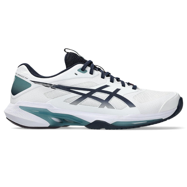 White sports shoe with black and green accents on a white background