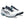 White and navy running shoes with Asics logo on a white background