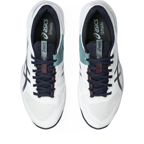 Pair of white running shoes with black and blue accents on a white background