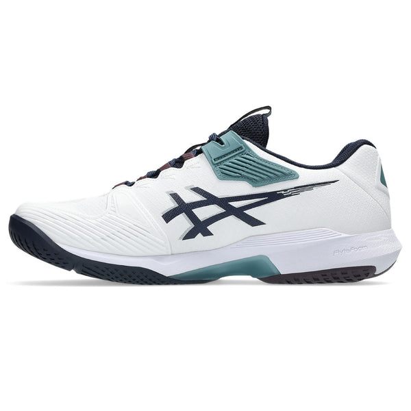 White sports shoe with black and teal accents on a white background