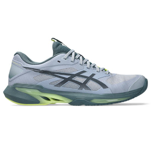 Men's ASICS tennis shoe with a mostky greay adn black upper with a bright green midsole.