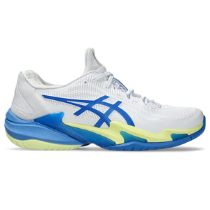 White sports shoe with blue and green accents on a white background