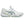 White and green ASICS tennis shoe with brand logo on a white background