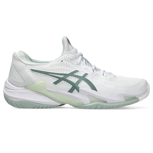 White and green ASICS tennis shoe with brand logo on a white background
