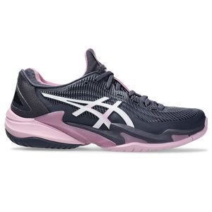 Navy and pink athletic shoe with white logo on a white background