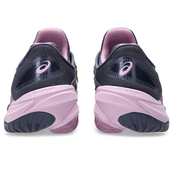 Black and pink running shoes with Asics logo on a white background