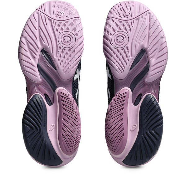 Purple and black athletic shoes showing sole design on a white background