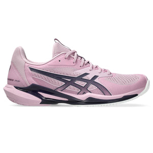 Pink running shoe with black accents on a white background