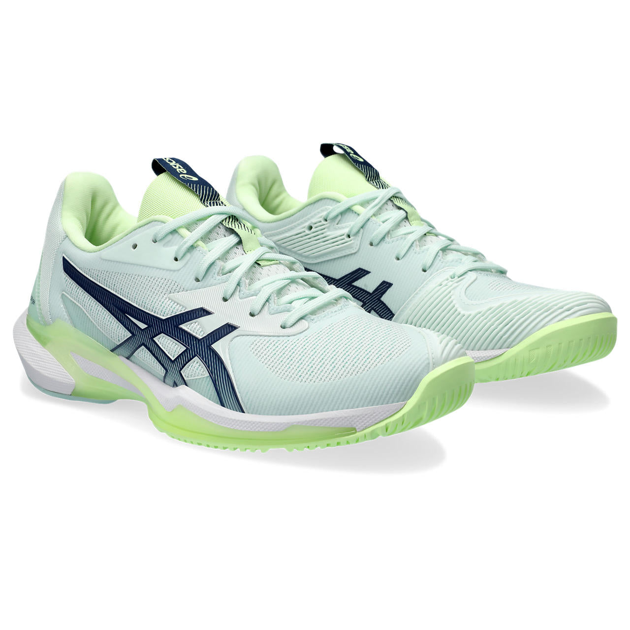 These ASICS tennis shoes are mostly all white with a bit of dull neon green