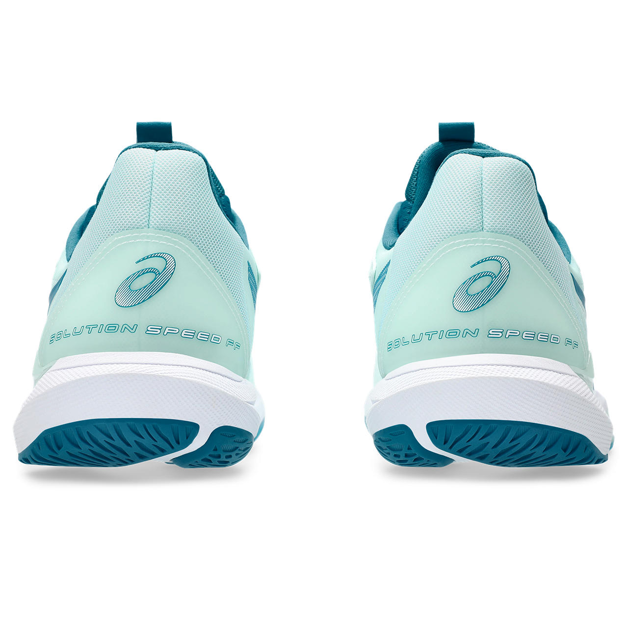 This ASICS tennis shoe has the words Solution Speed FF written across the back of the shoe just above the midsole