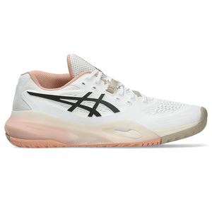 White and pink athletic shoe with black logo on a white background
