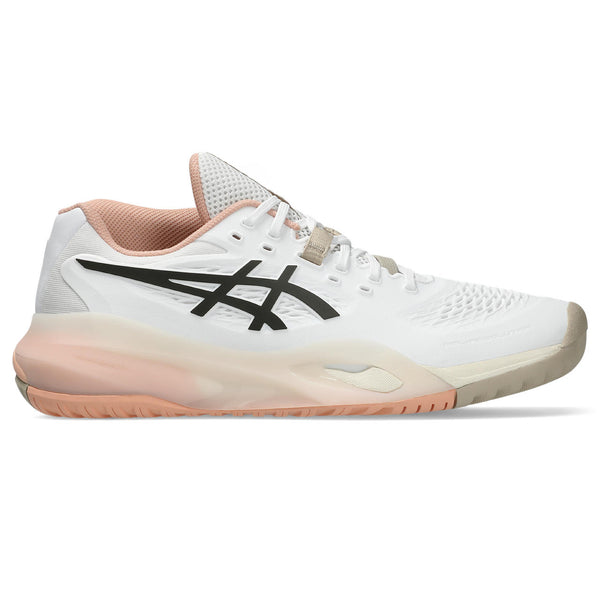 White and pink athletic shoe with black logo on a white background