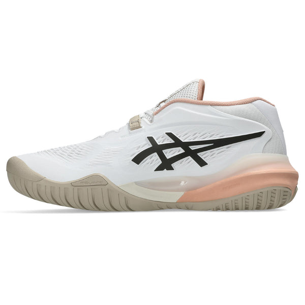 White sports shoe with black logo on a white background
