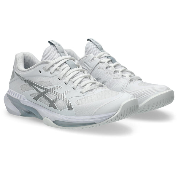 White athletic shoes with a brand logo on a white background