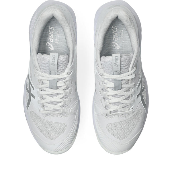 Pair of white running shoes with Asics logo on a white background