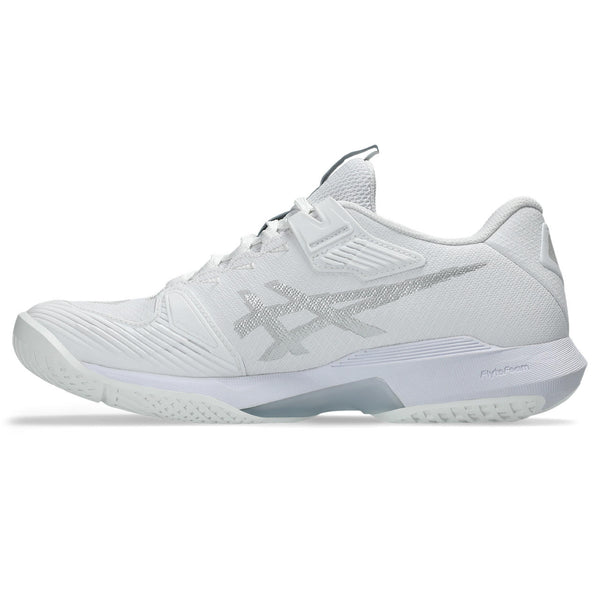 White athletic shoe with brand logo on a white background