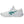 White athletic shoe with green logo on a white background
