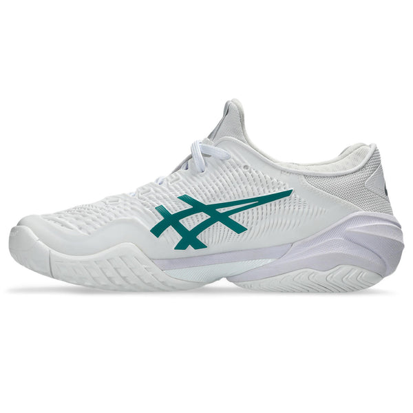 White athletic shoe with green logo on a white background