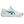 White athletic shoe with green logo on a white background
