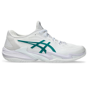 White athletic shoe with green logo on a white background
