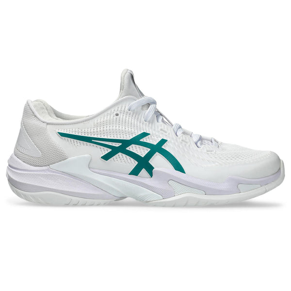White athletic shoe with green logo on a white background