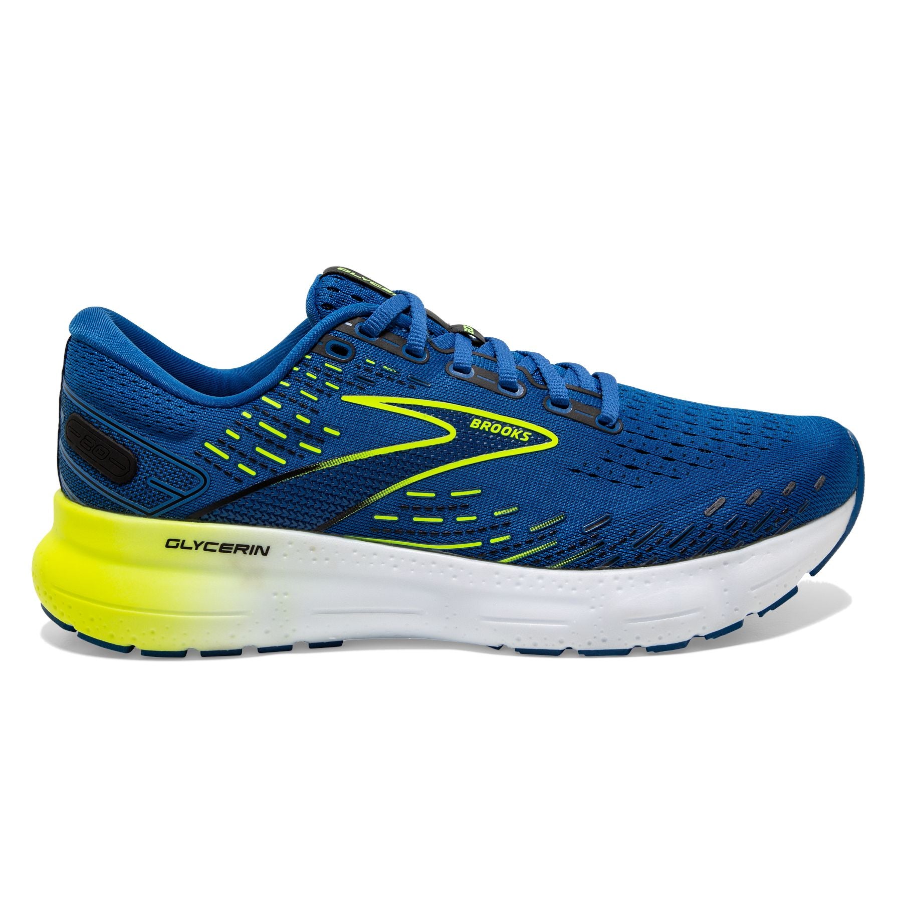 Lateral view of the Men's Glycerin 20 by BROOKS in the color Blue/Nightlife/White