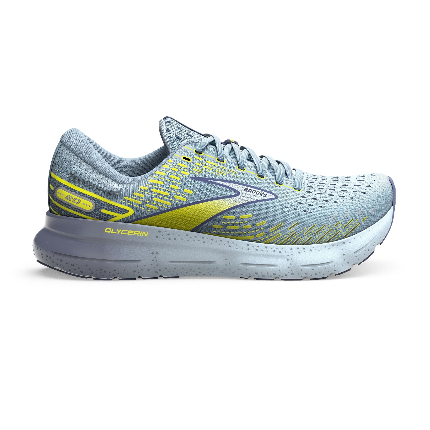 Lateral view of the Men's Glycerin 20 by Brook's in the color Blue/Crown Blue/Sulpur