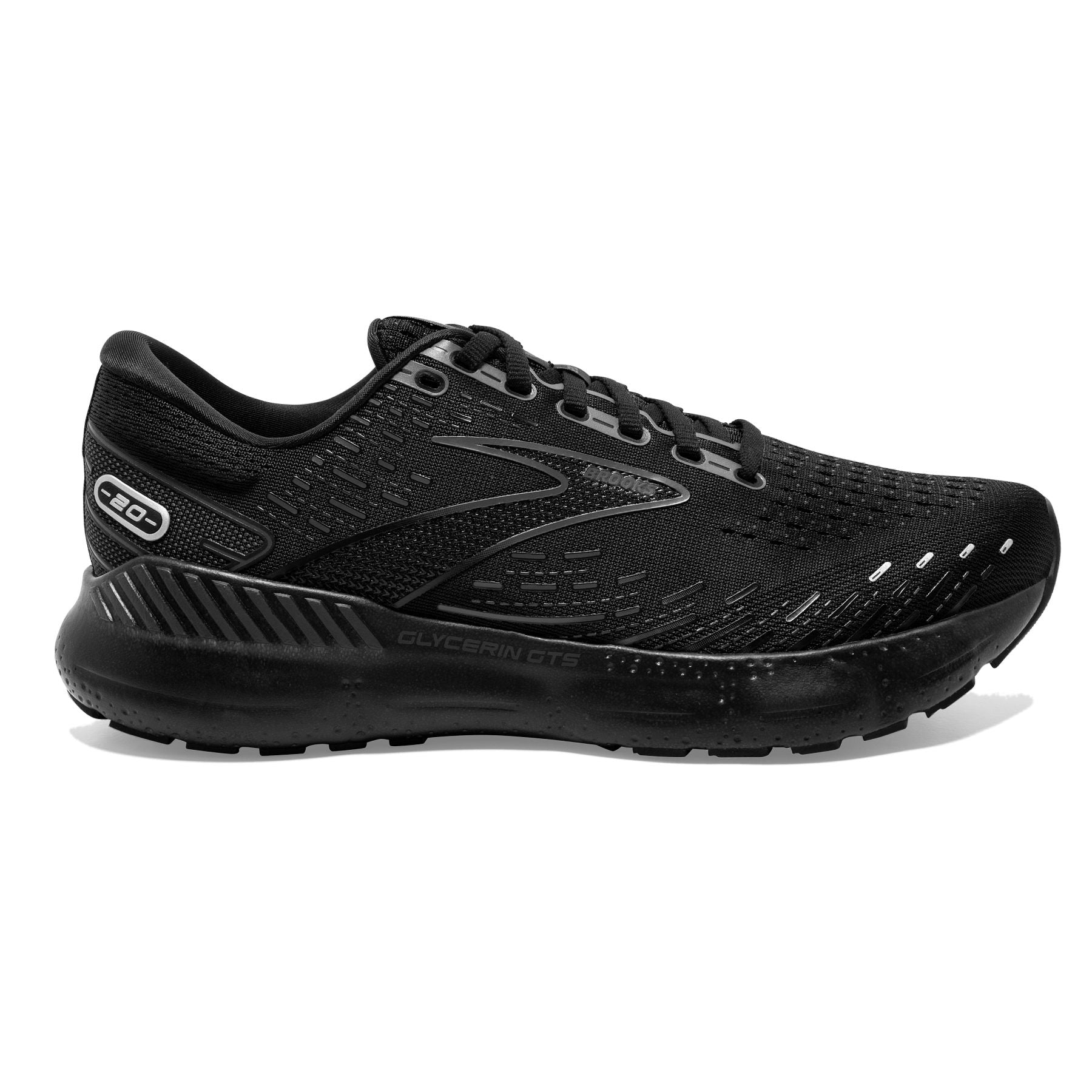 Lateral view of the Men's Glycerin GTS 20 by BROOKS in the wide width 2E, color Black/Black/Ebony
