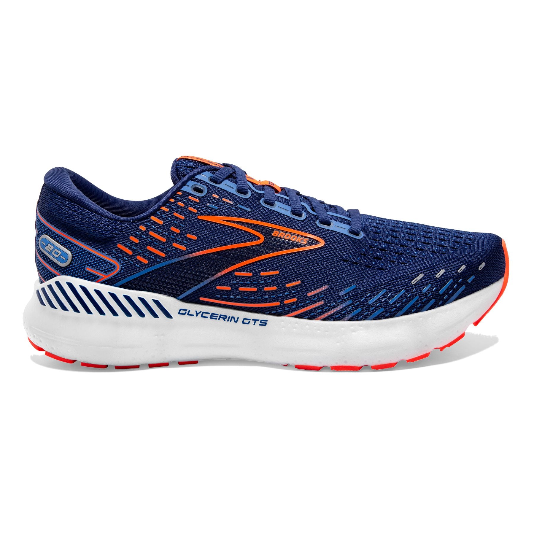 Lateral view of the Men's Glycerin GTS 20 by BROOKS in the color Blue Depths/Palace Blue/Orange