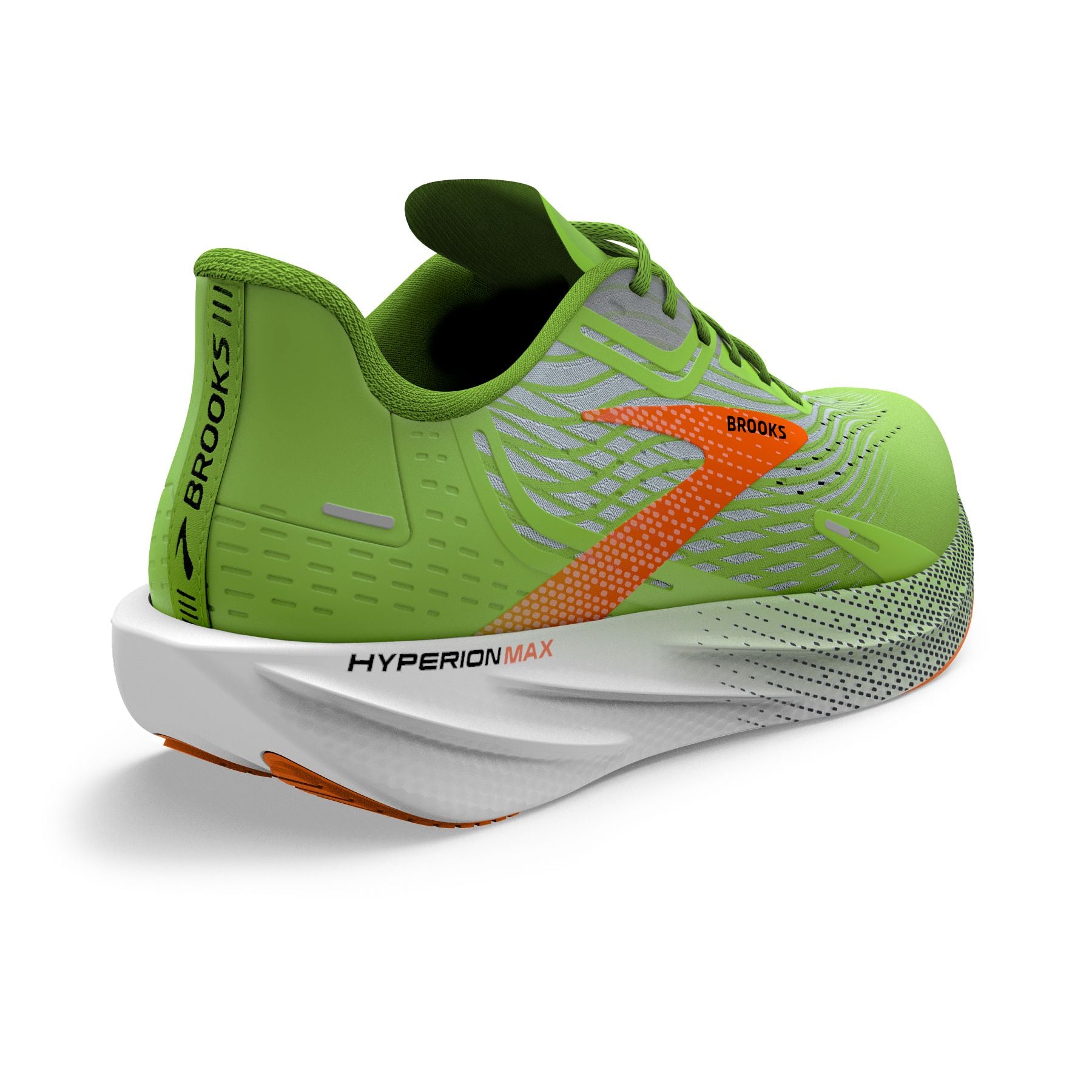Back angle view of the Men's Hyperion Max in Green Gecko/Red Orange/White