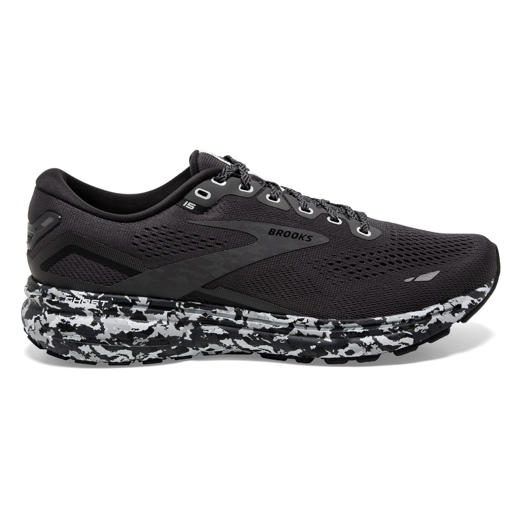 Lateral view of the Men's Ghost 15 by Brooks in the color Ebony/Black/Oyster