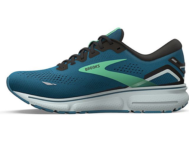 Medial view of the Men's Ghost 15 by Brook's in the color Moroccan Blue/Black/Spring Bud