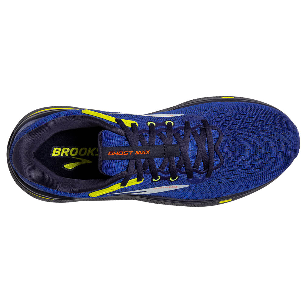 The top down look of this Brooks Ghost Max is mostly all blue with a few pops of neon green