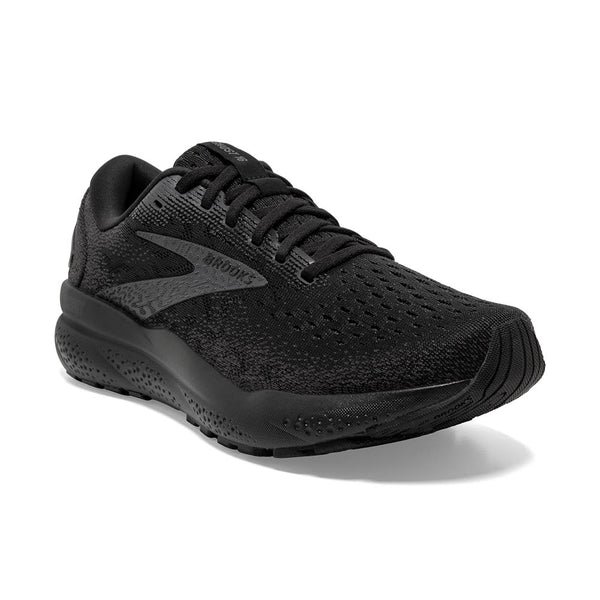 The laces, upper, midsole and even the outsole are all black in these Ghost 16 runnnig and walking shoes.