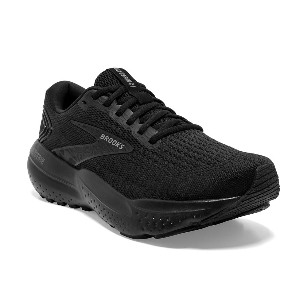 The diagonal front view shows that even the outsole of the all black Glycerin is also black