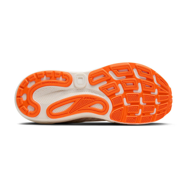 Bright orange rubber is used on the outsole of this shoe. 