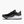 The medial side of a black running shoe with white sole on a light gray background.