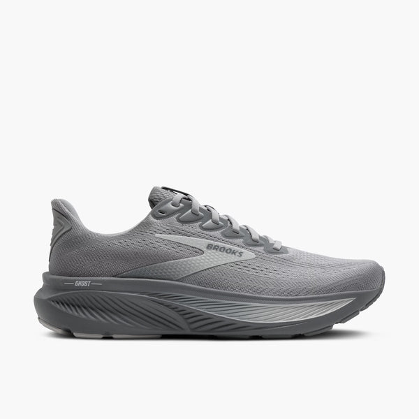 Gray running shoe with 'Brooks' branding on a white background