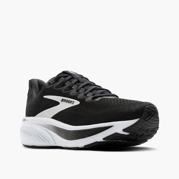 A diagnal view of a Brooks 17 running shoe from men with black laces and a white midsole.