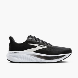A black and white running shoe from Brooks that comes in a Wide fit.
