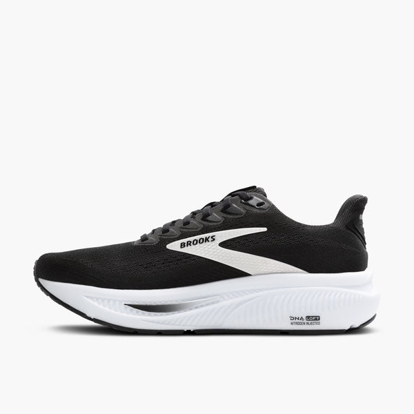 The medial side of this men's running and walking shoe has a Brooks logo in white.