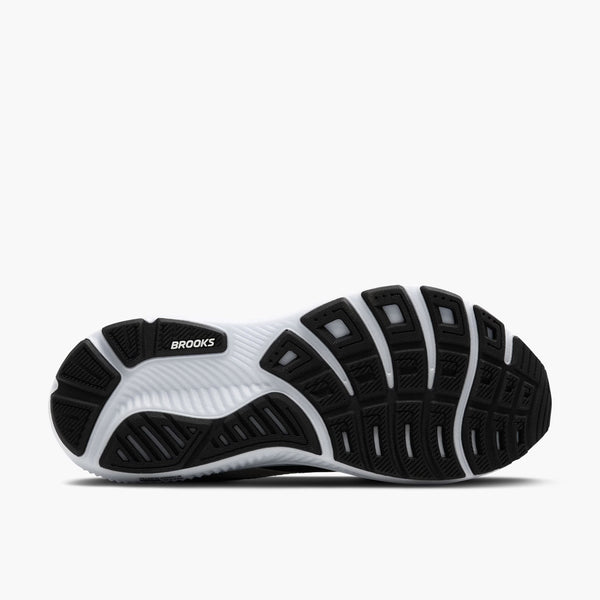 A view of the outsole of a Men's Brooks shoe with lots of rubber for durability.