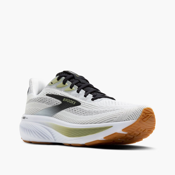 White running shoe with black and brown accents on a white background