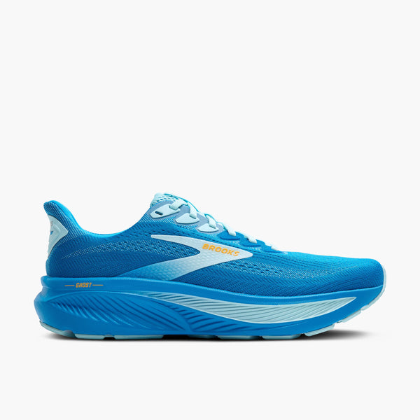 A Mens Brooks running shoe in bright blue  with a soft looking mesh on the upper.